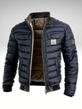 Navy Blue Quilted Slim Fit Stand Collar Jacket with Multiple Pockets for Men