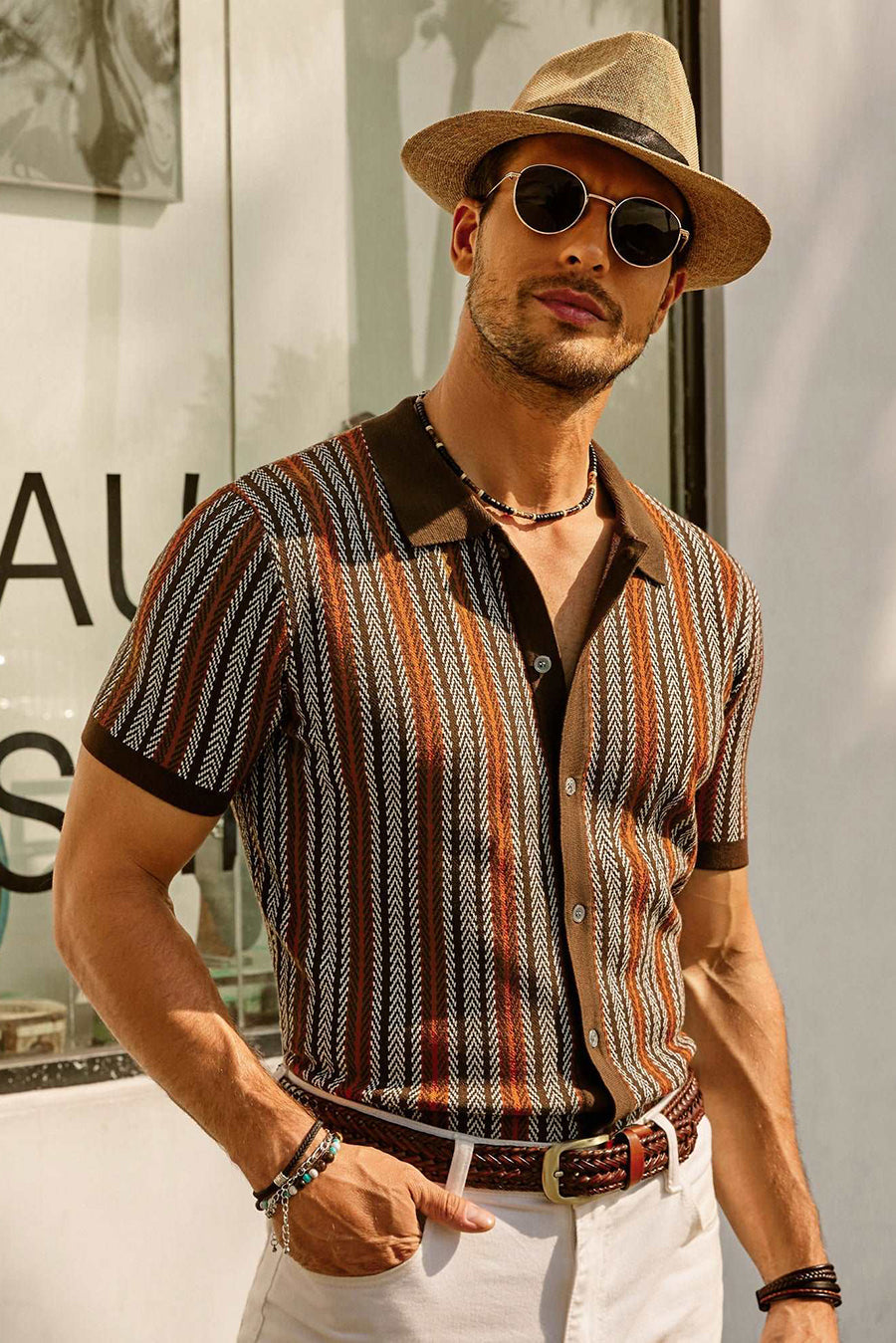 Striped Short Sleeve Polo Shirt for Men | Casual Button-Down