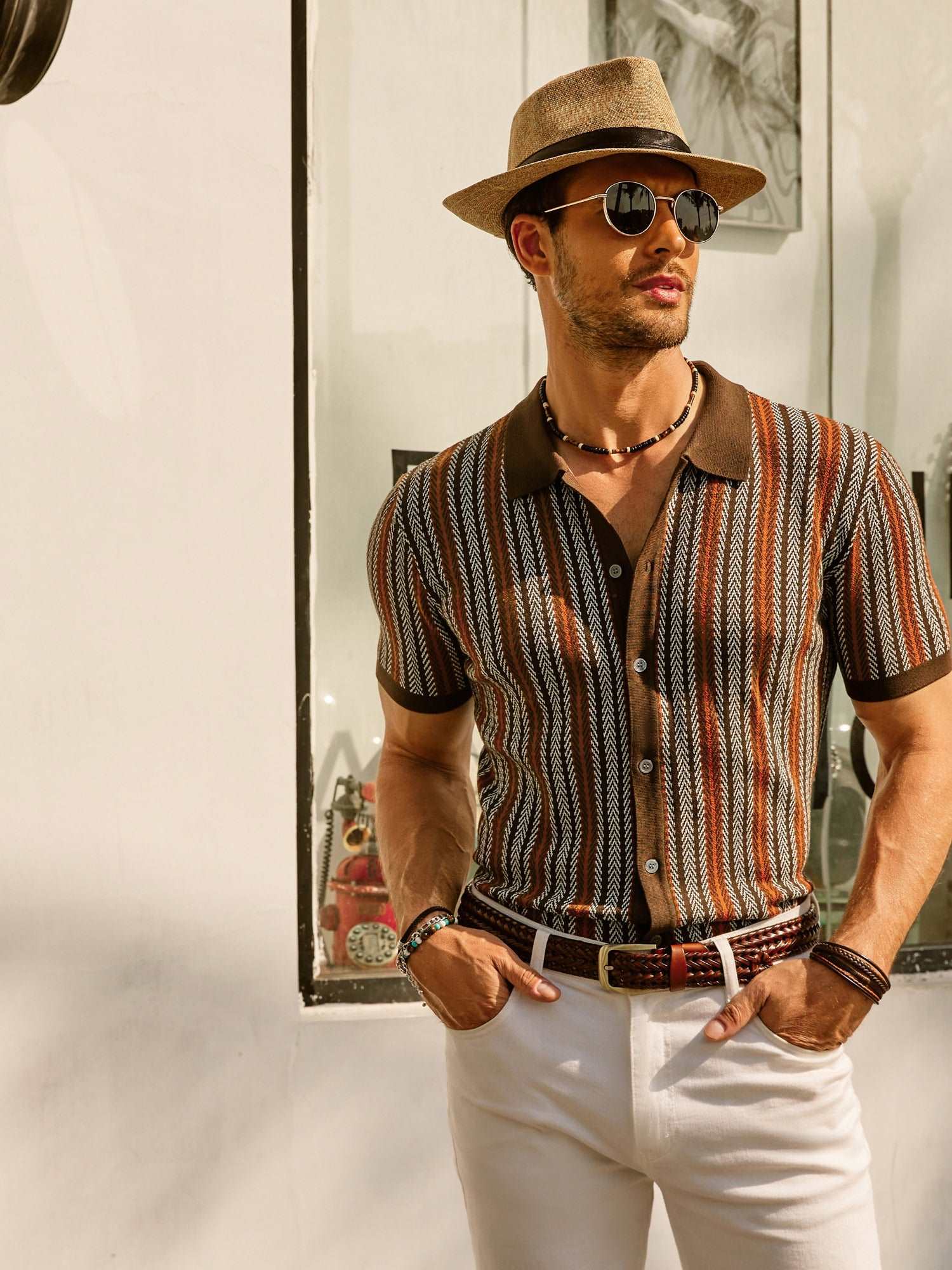 Striped Short Sleeve Polo Shirt for Men | Casual Button-Down