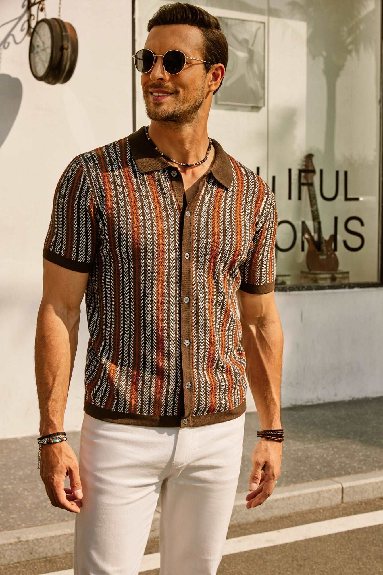 Striped Short Sleeve Polo Shirt for Men | Casual Button-Down