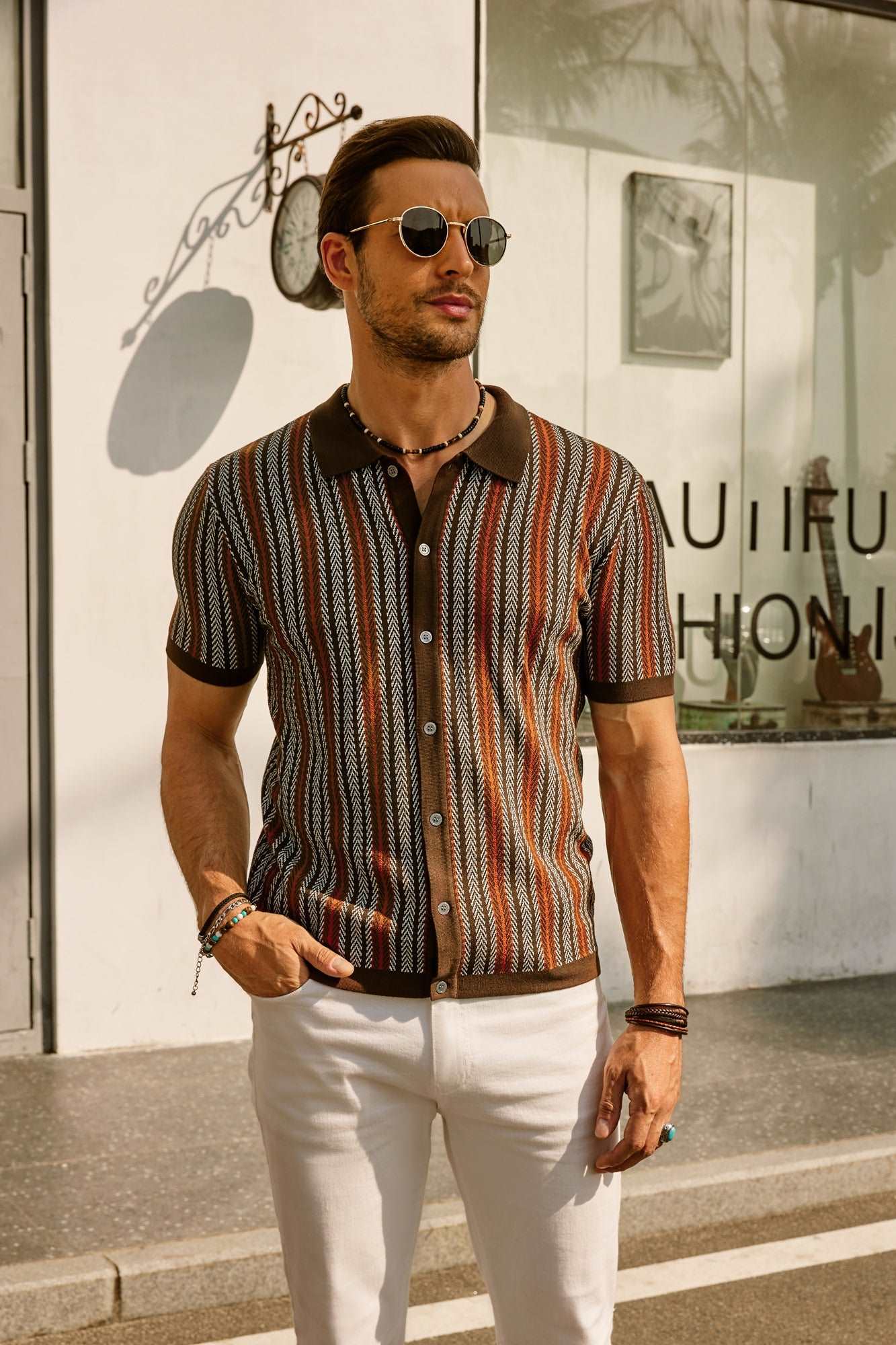 Striped Short Sleeve Polo Shirt for Men | Casual Button-Down
