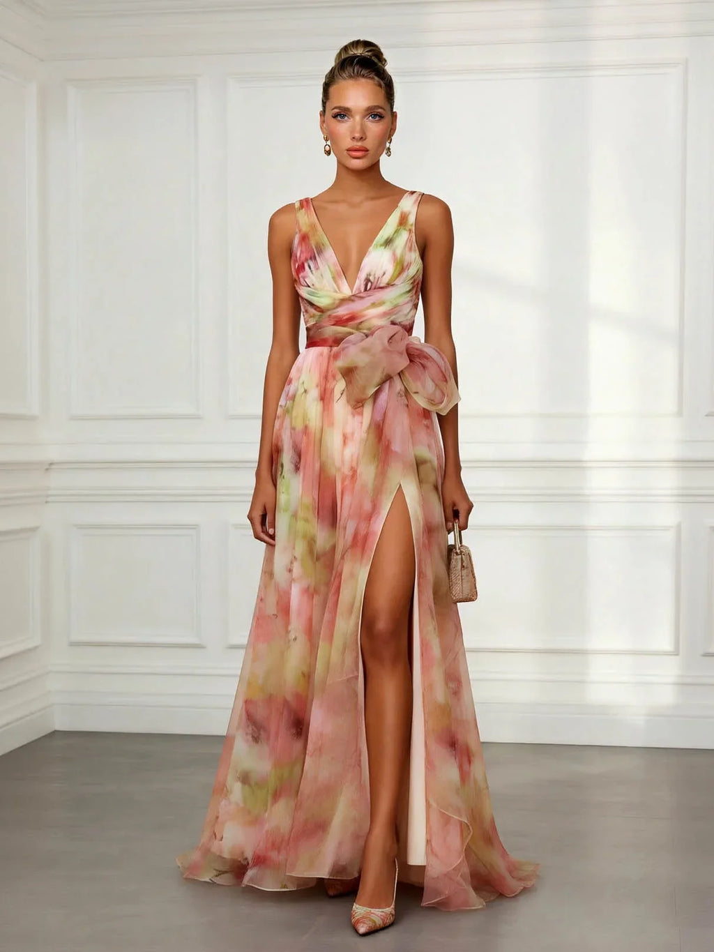 Multicolour Abstract Print V-Neck Tie-Waist Maxi Dress for Women