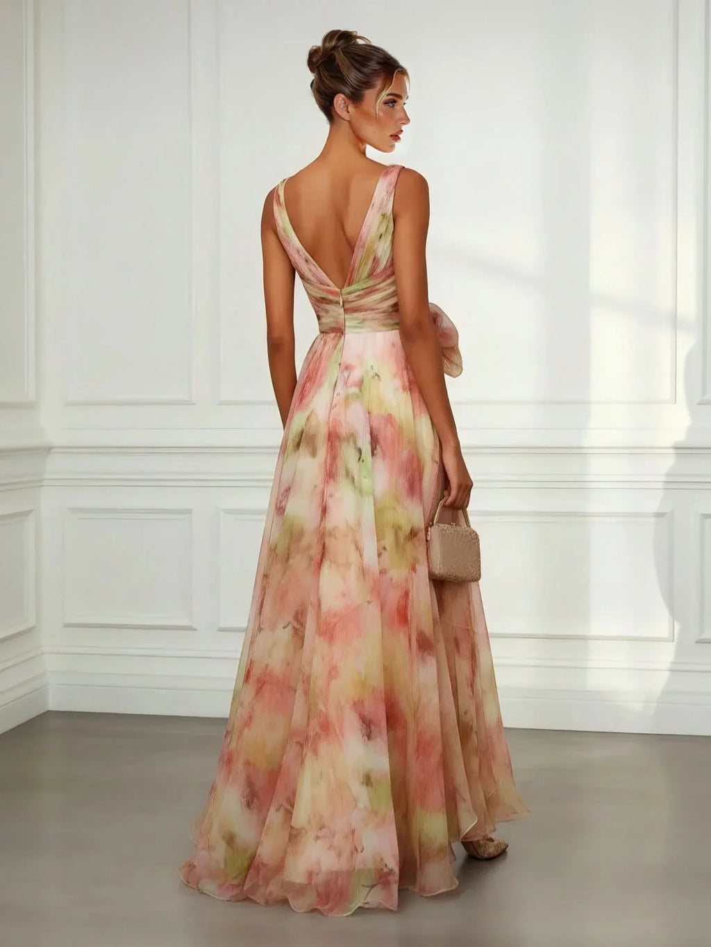 Multicolour Abstract Print V-Neck Tie-Waist Maxi Dress for Women