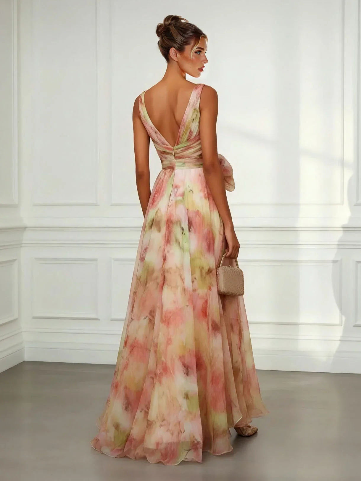 Multicolour Abstract Print V-Neck Tie-Waist Maxi Dress for Women