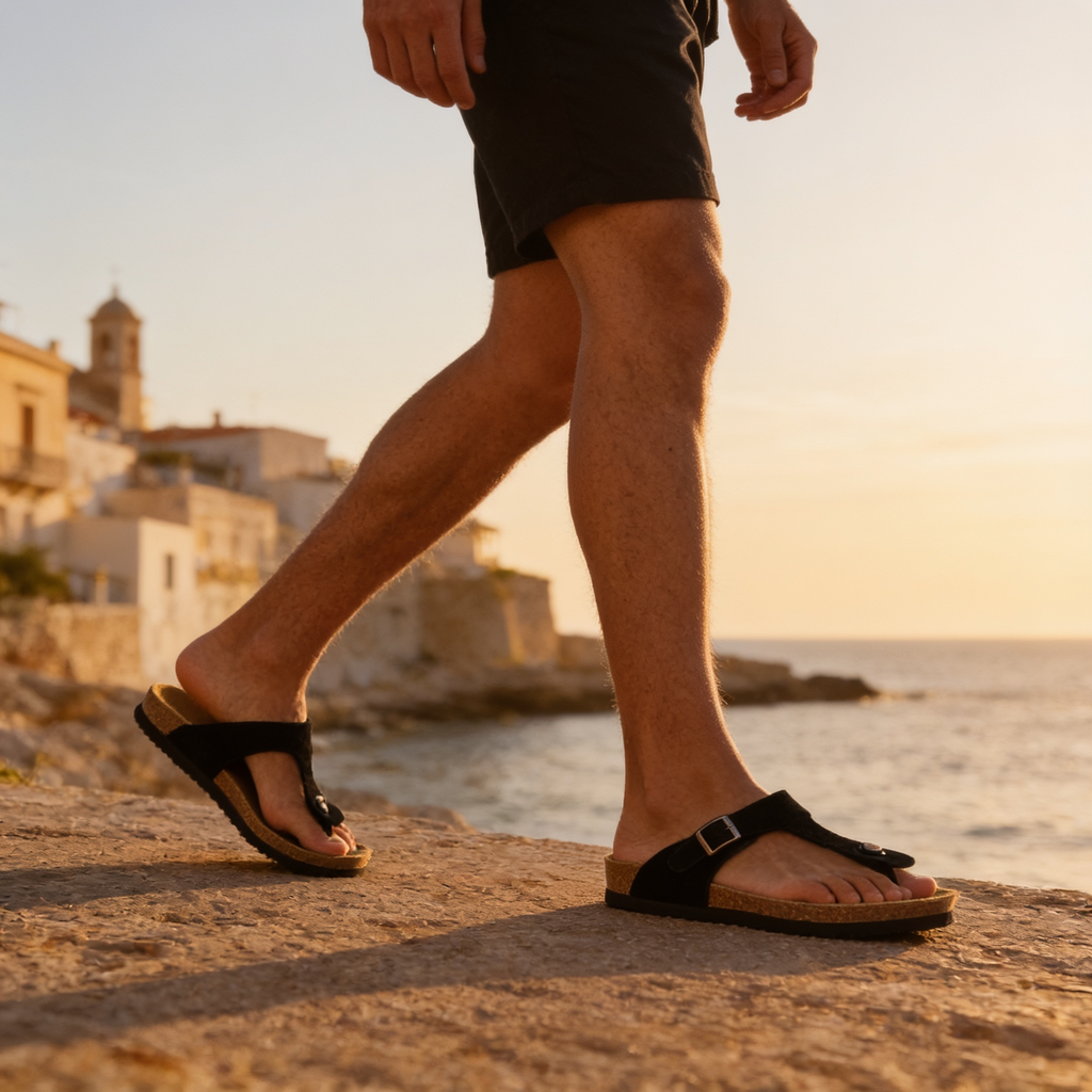 Men's Suede-Effect Buckle Sandals with Cork Footbed for Men