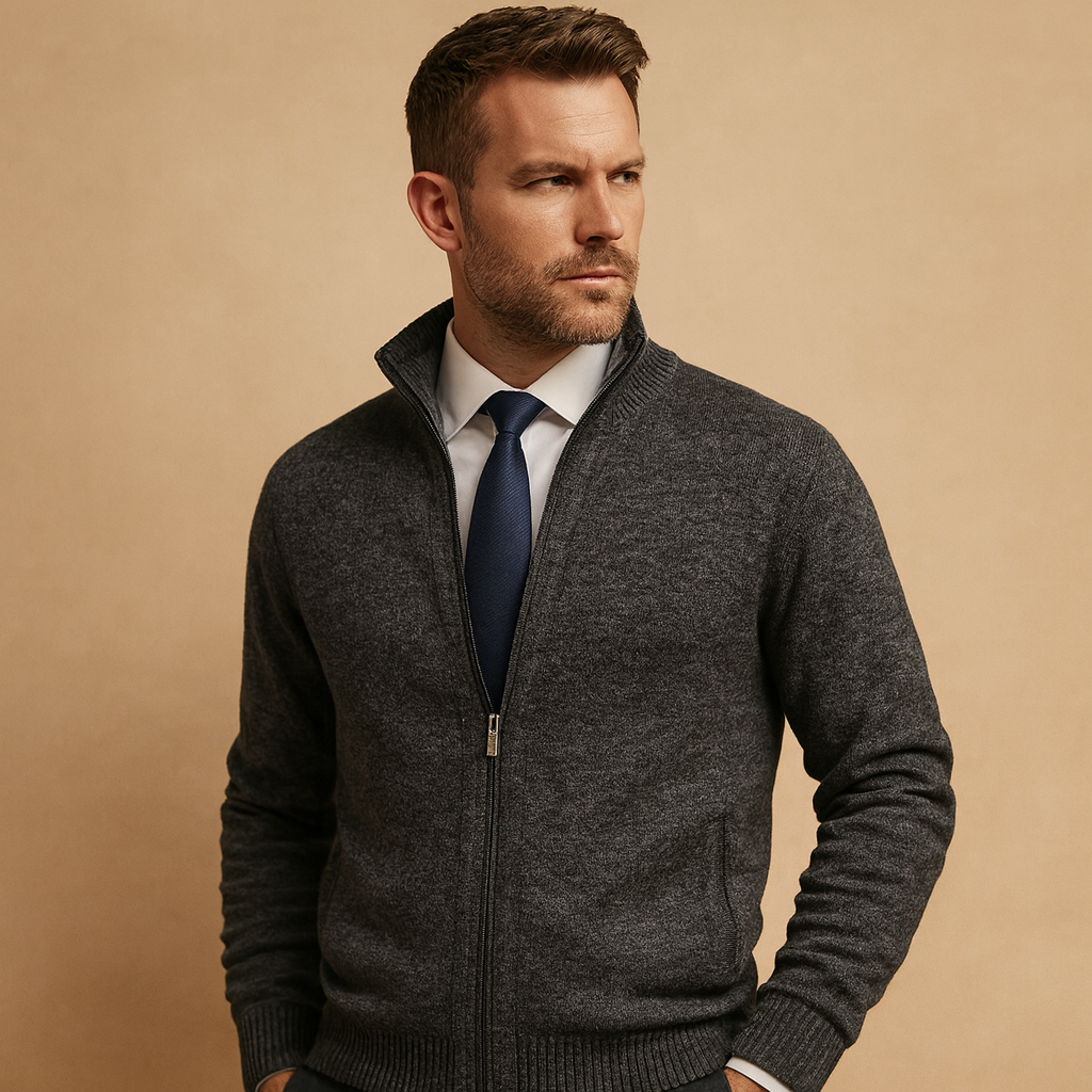 Beige Ribbed Knit Zip-Up Cardigan Sweater for Men | Smart Casual Office Wear