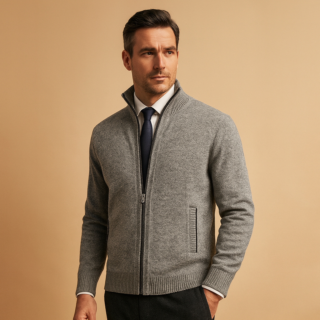 Beige Ribbed Knit Zip-Up Cardigan Sweater for Men | Smart Casual Office Wear