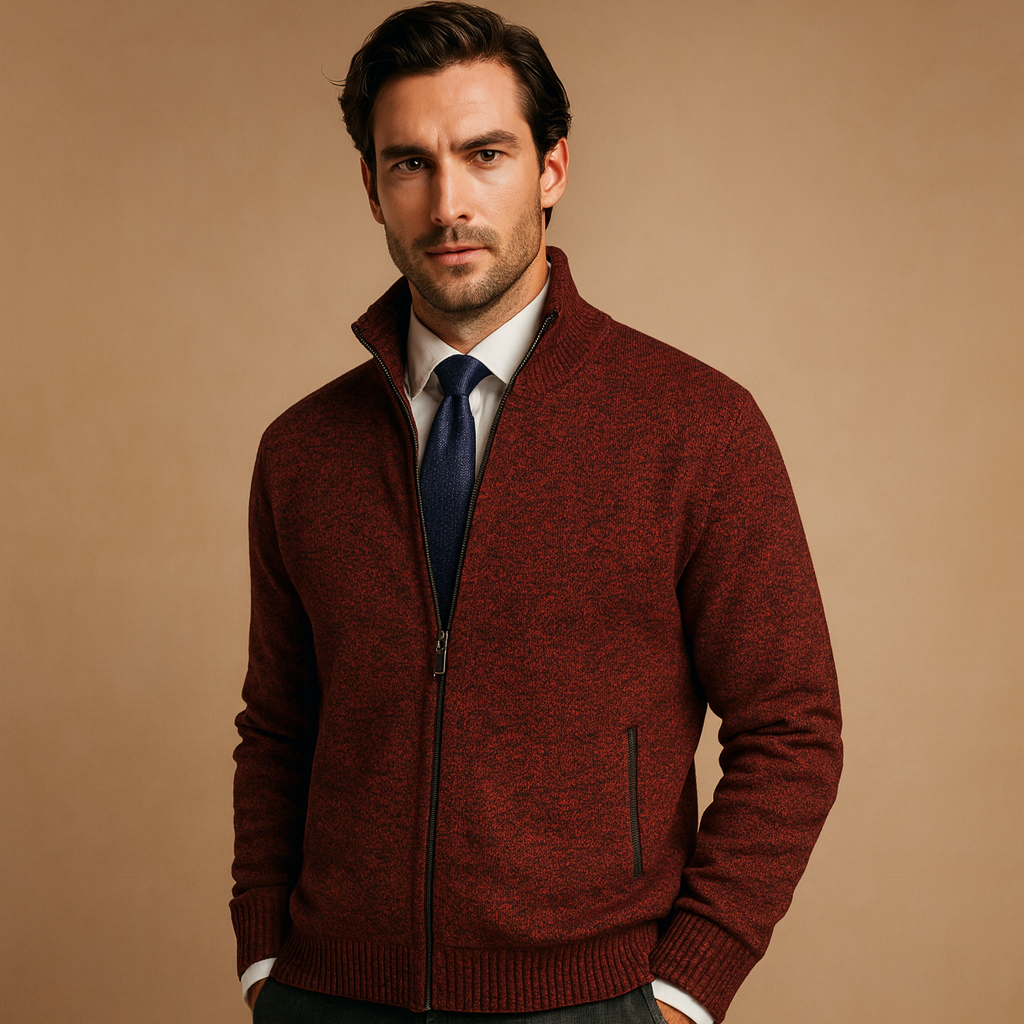 Beige Ribbed Knit Zip-Up Cardigan Sweater for Men | Smart Casual Office Wear