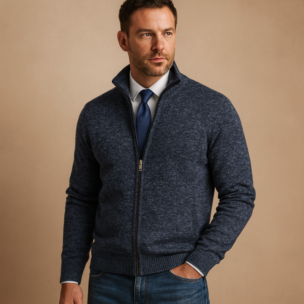 Beige Ribbed Knit Zip-Up Cardigan Sweater for Men | Smart Casual Office Wear