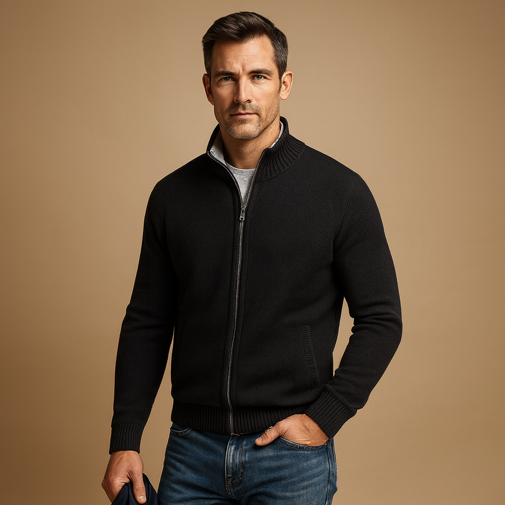 Beige Ribbed Knit Zip-Up Cardigan Sweater for Men | Smart Casual Office Wear