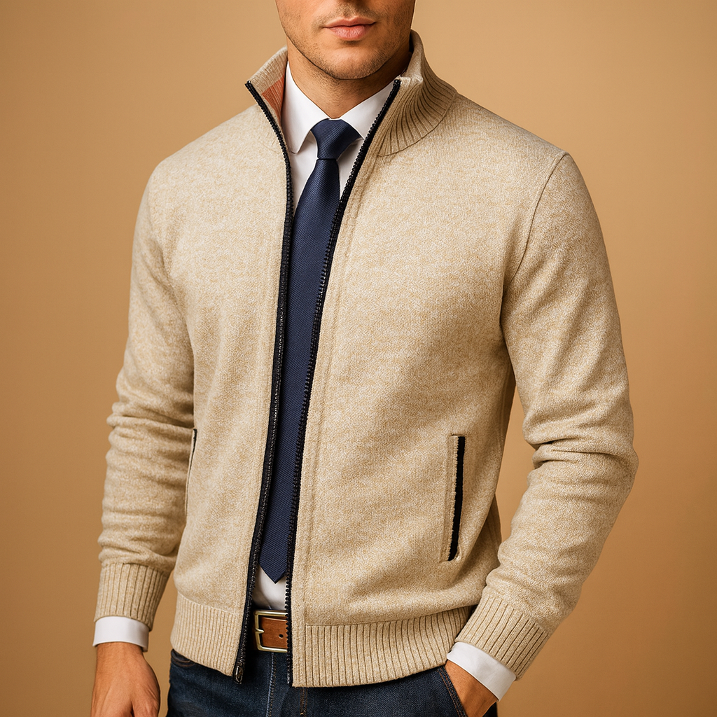 Beige Ribbed Knit Zip-Up Cardigan Sweater for Men | Smart Casual Office Wear