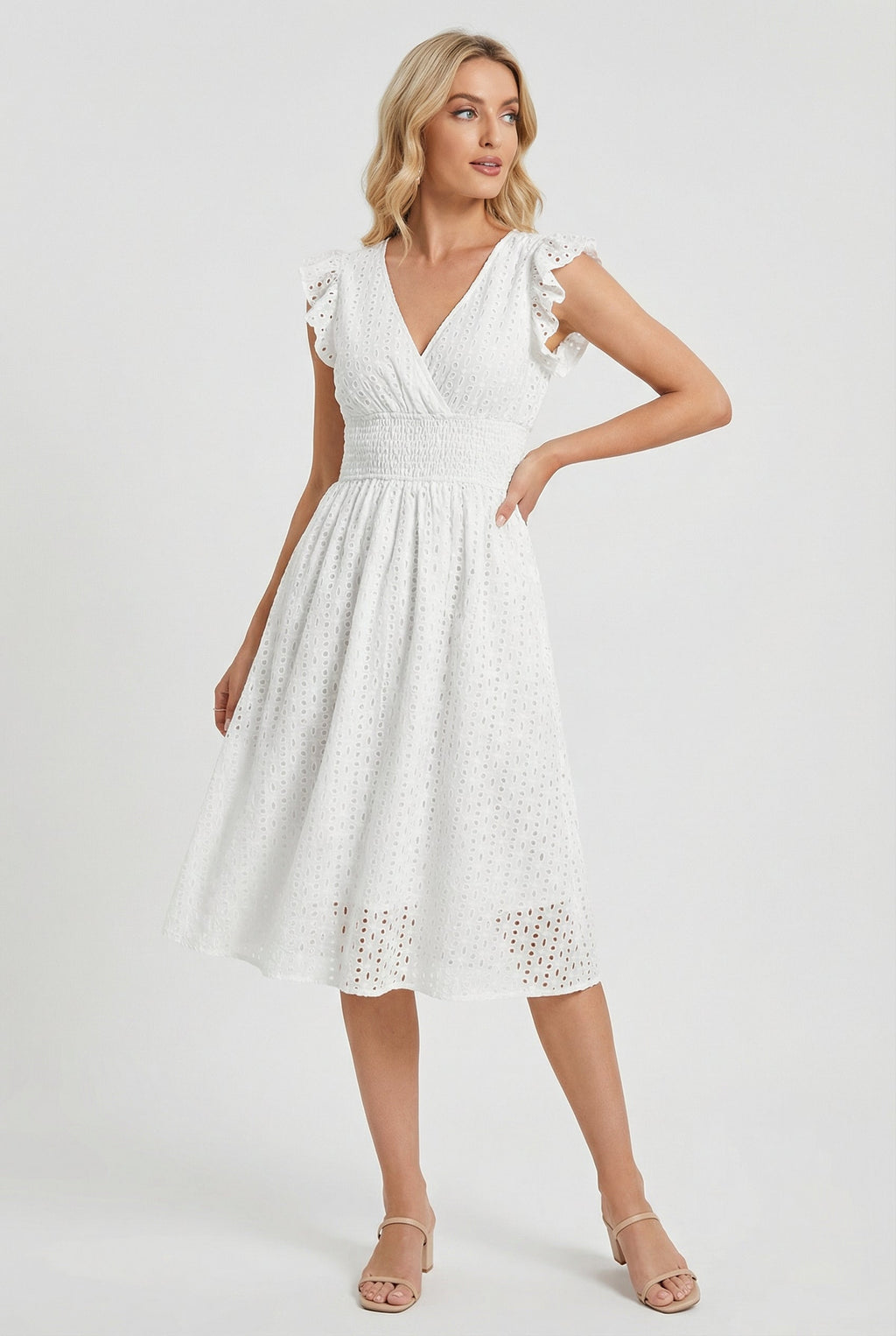 White A-Line Eyelet Dress with Smocked Waist for Women