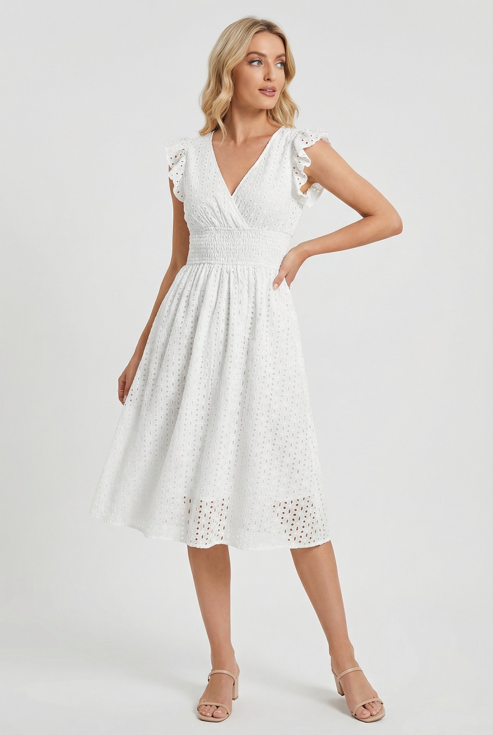 White A-Line Eyelet Dress with Smocked Waist for Women