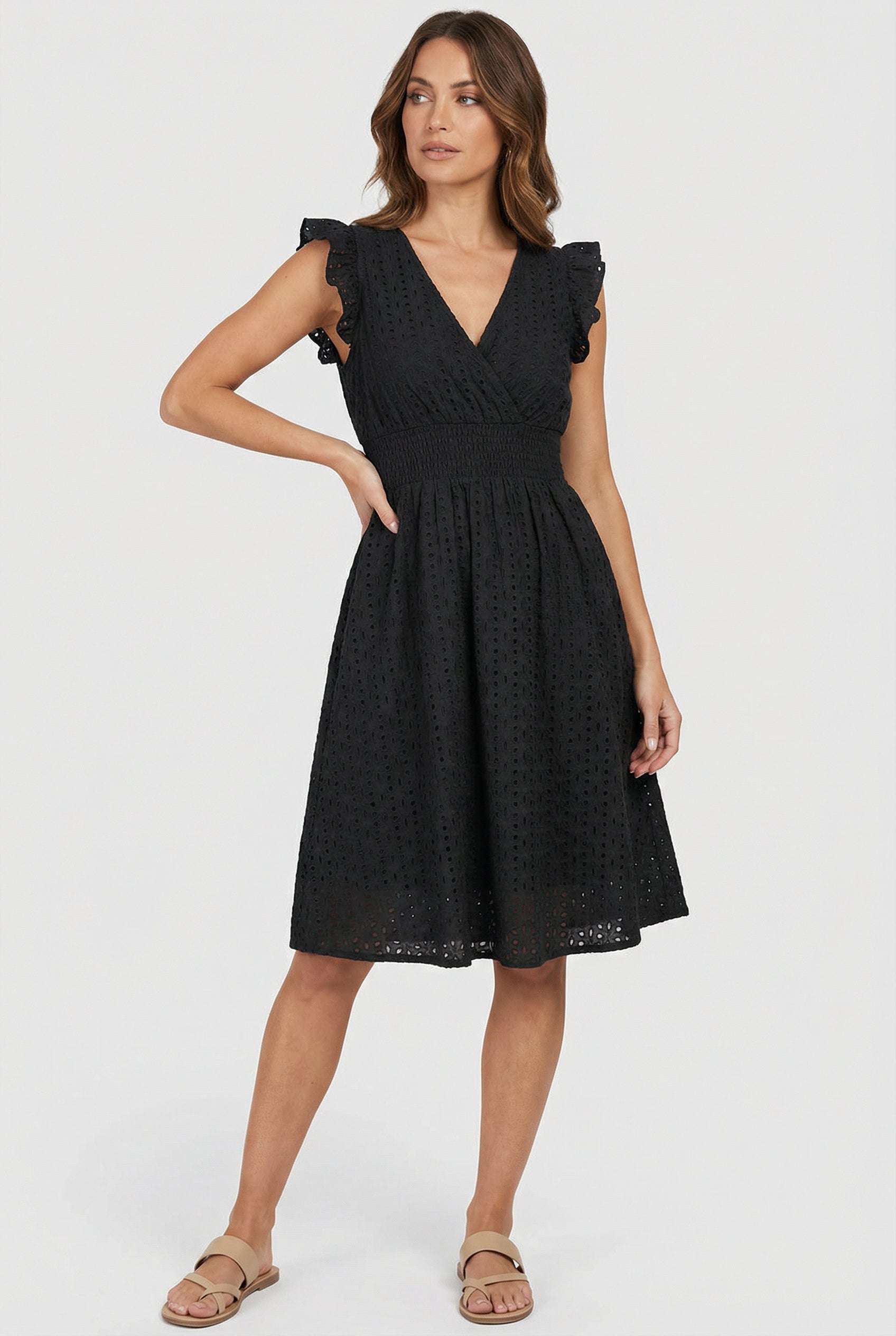 White A-Line Eyelet Dress with Smocked Waist for Women