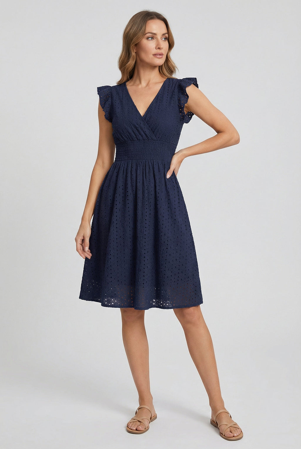 White A-Line Eyelet Dress with Smocked Waist for Women