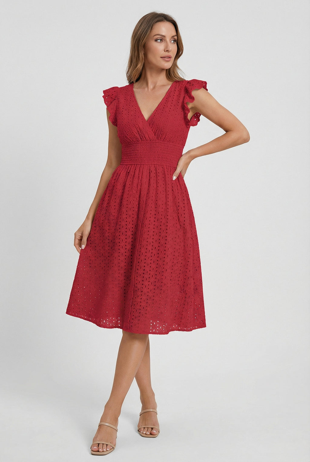White A-Line Eyelet Dress with Smocked Waist for Women