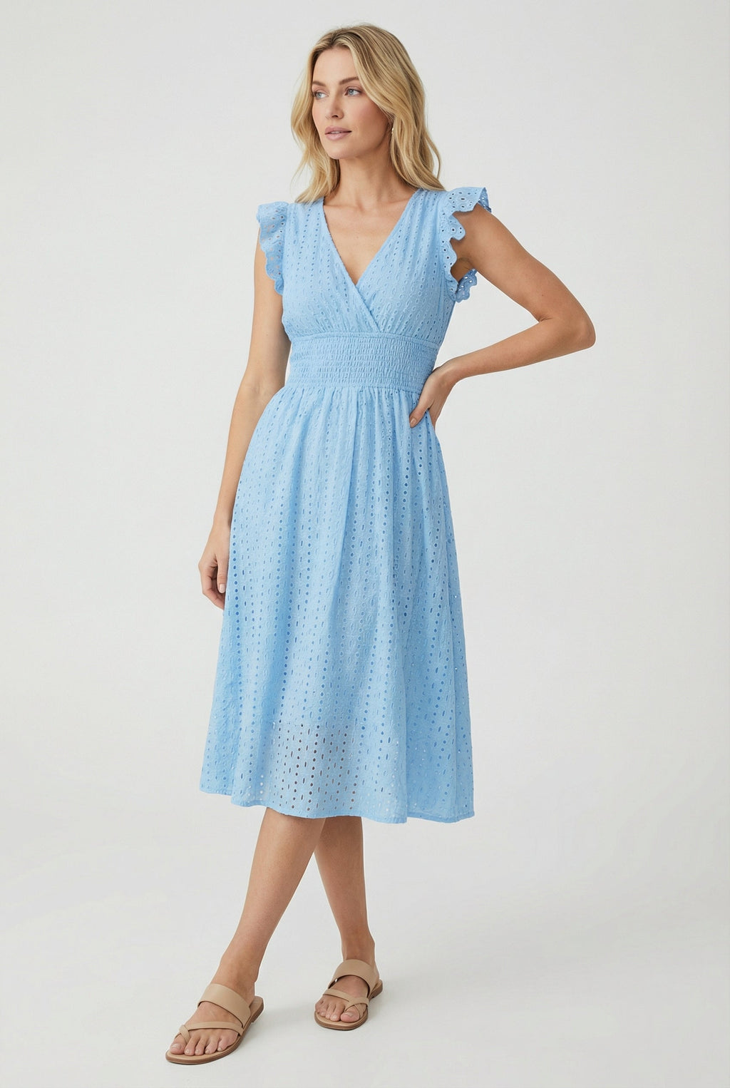 White A-Line Eyelet Dress with Smocked Waist for Women
