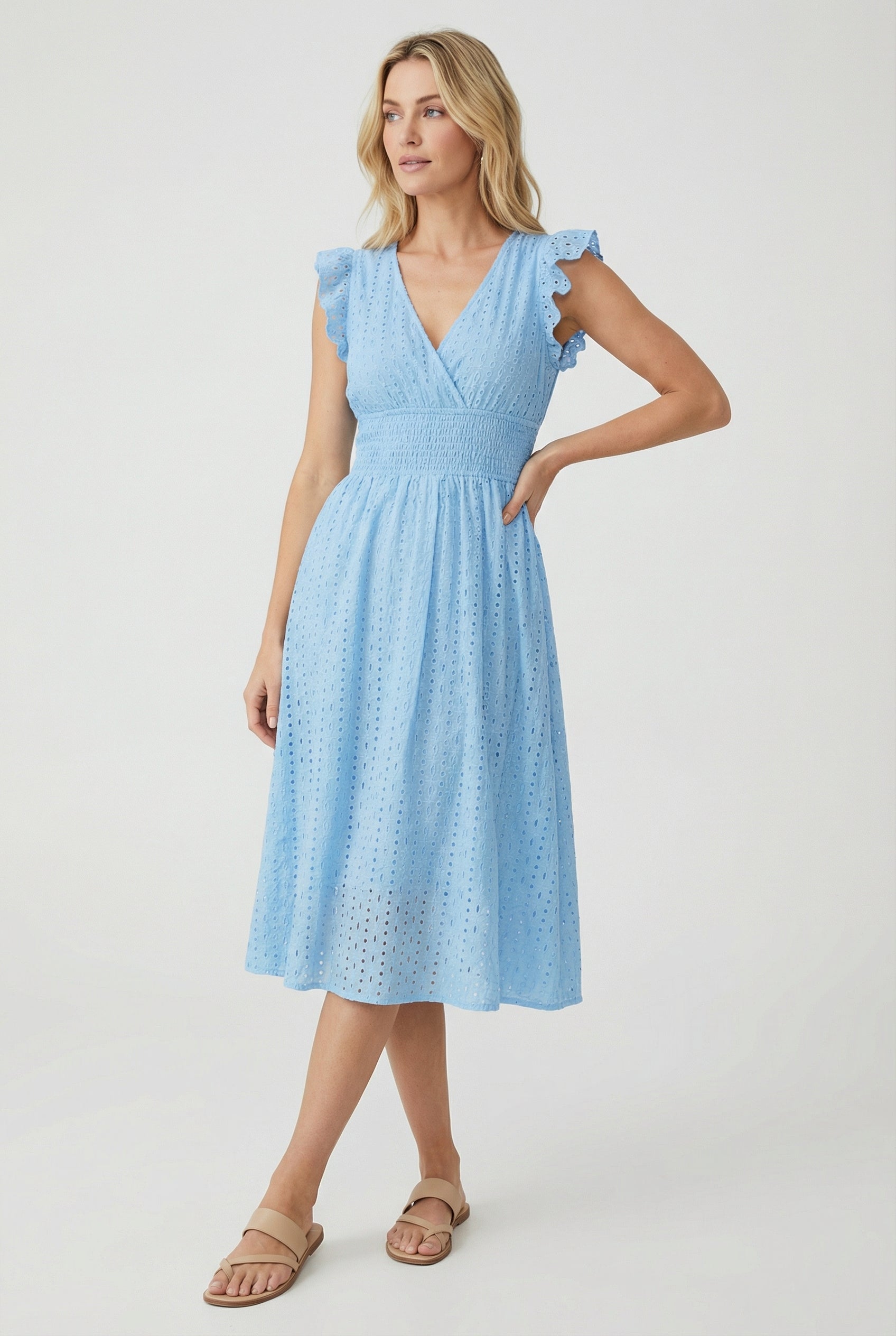 White A-Line Eyelet Dress with Smocked Waist for Women