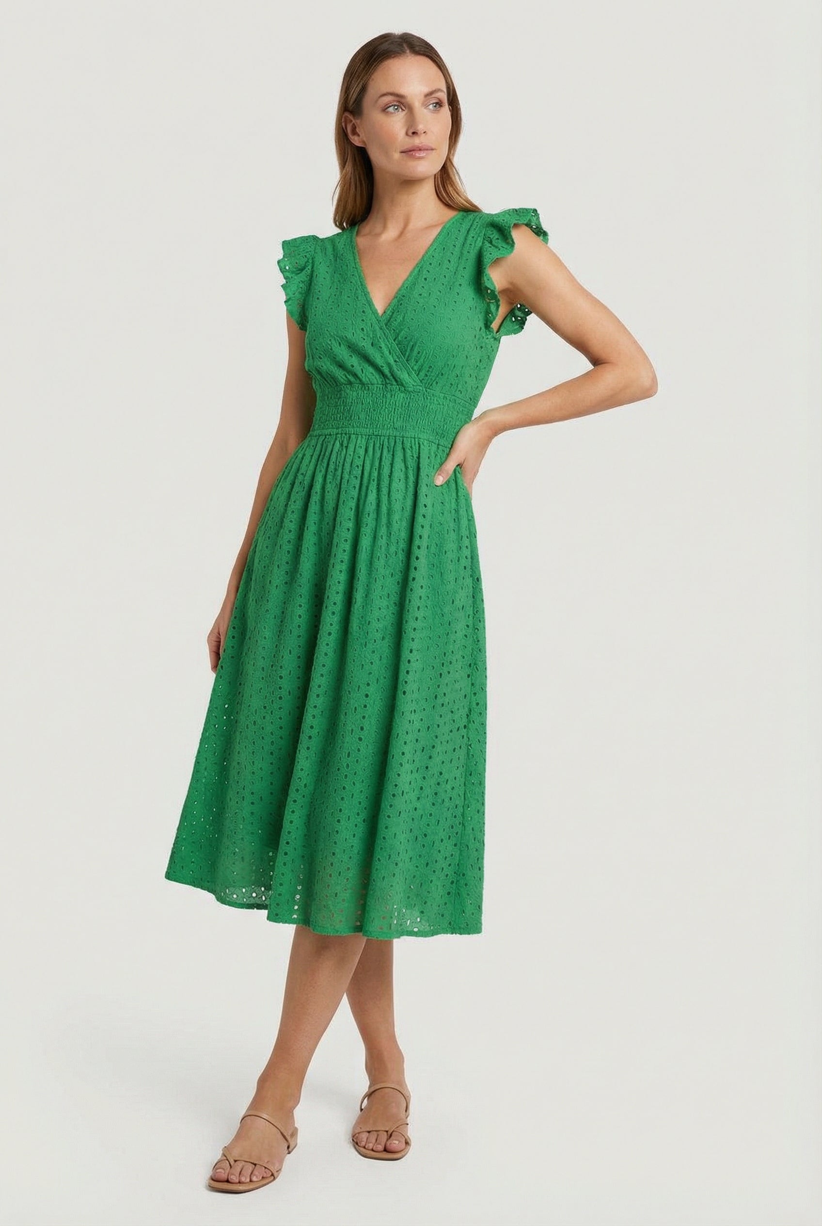 White A-Line Eyelet Dress with Smocked Waist for Women