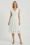 White A-Line Eyelet Dress with Smocked Waist for Women