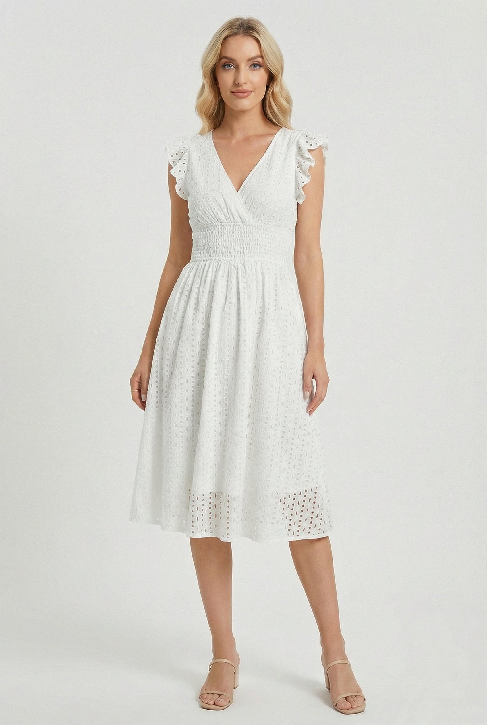 White A-Line Eyelet Dress with Smocked Waist for Women