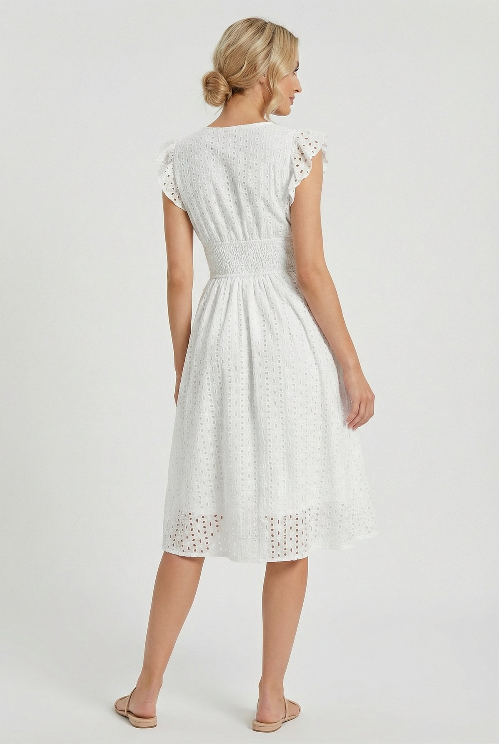 White A-Line Eyelet Dress with Smocked Waist for Women