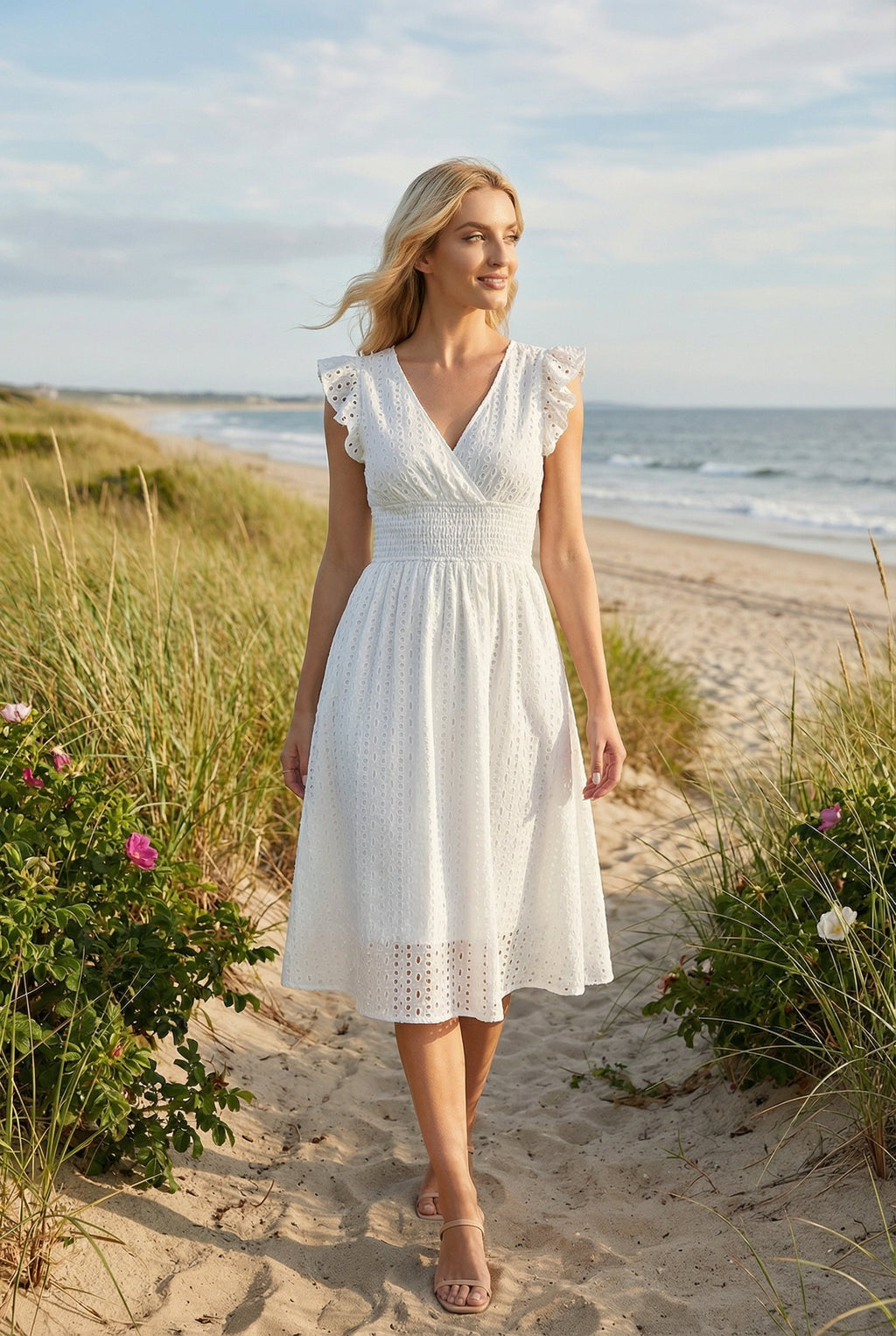 White A-Line Eyelet Dress with Smocked Waist for Women