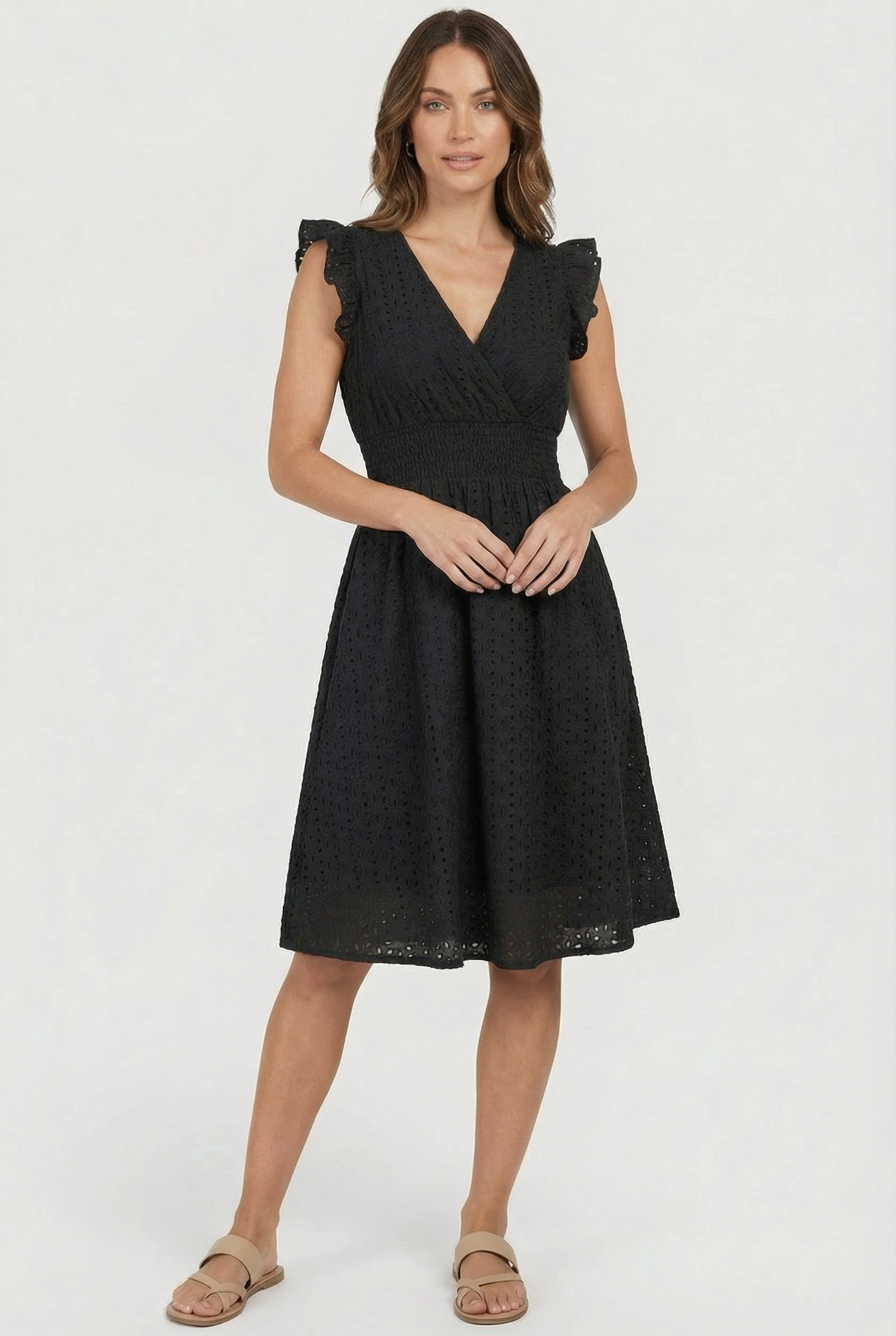 White A-Line Eyelet Dress with Smocked Waist for Women