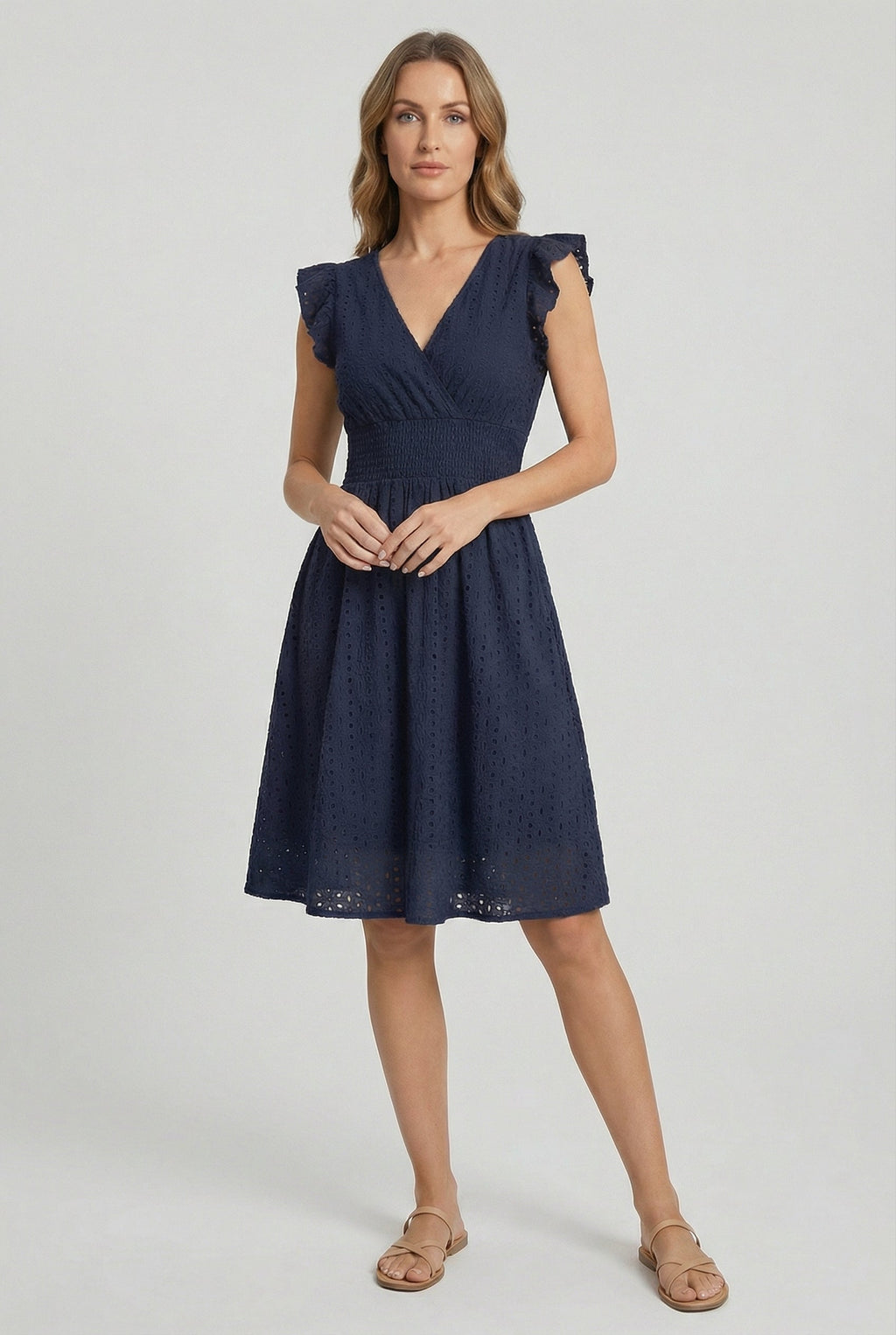 White A-Line Eyelet Dress with Smocked Waist for Women