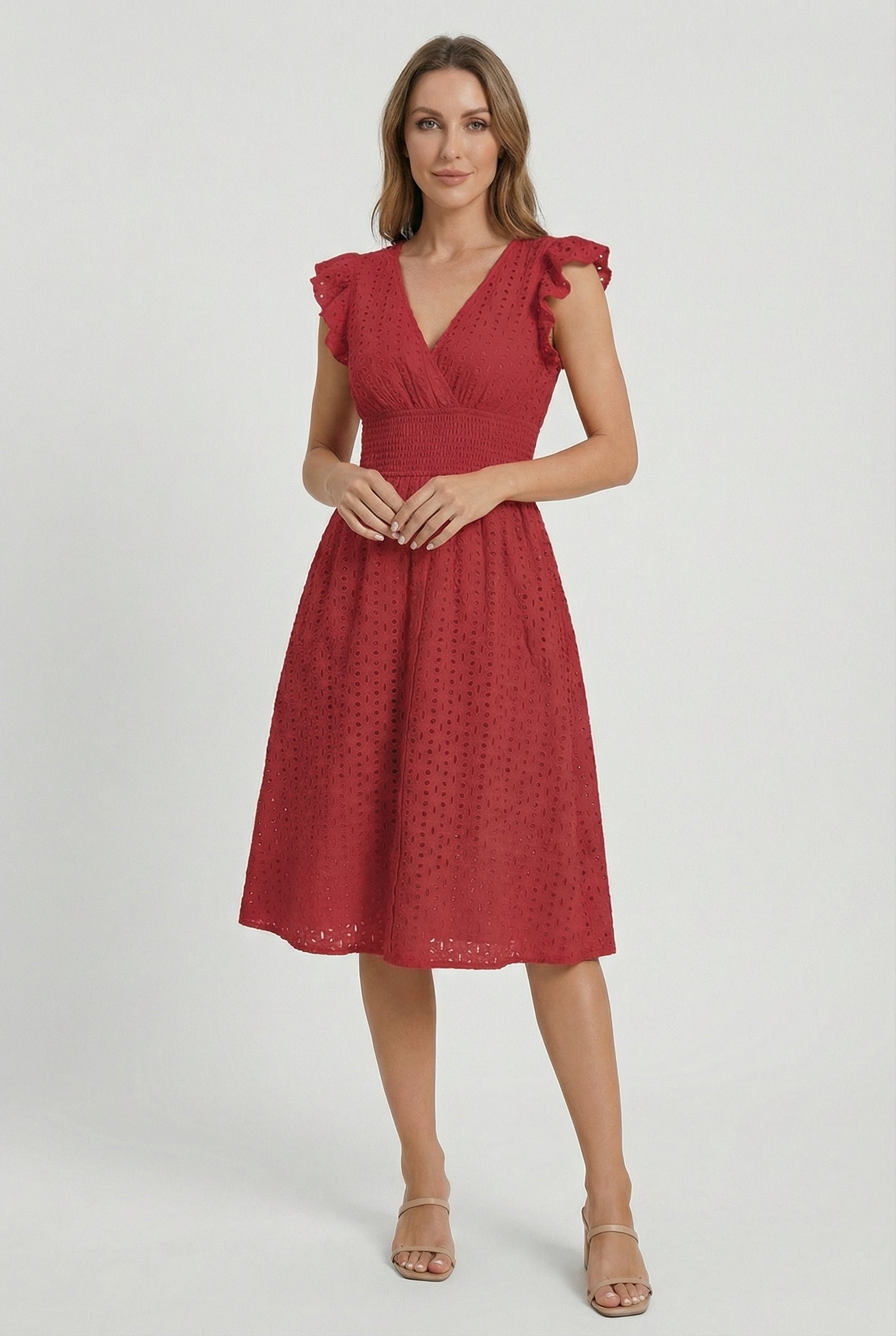 White A-Line Eyelet Dress with Smocked Waist for Women