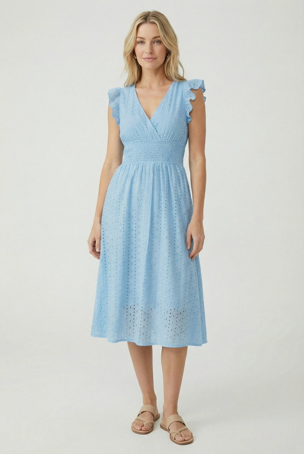 White A-Line Eyelet Dress with Smocked Waist for Women