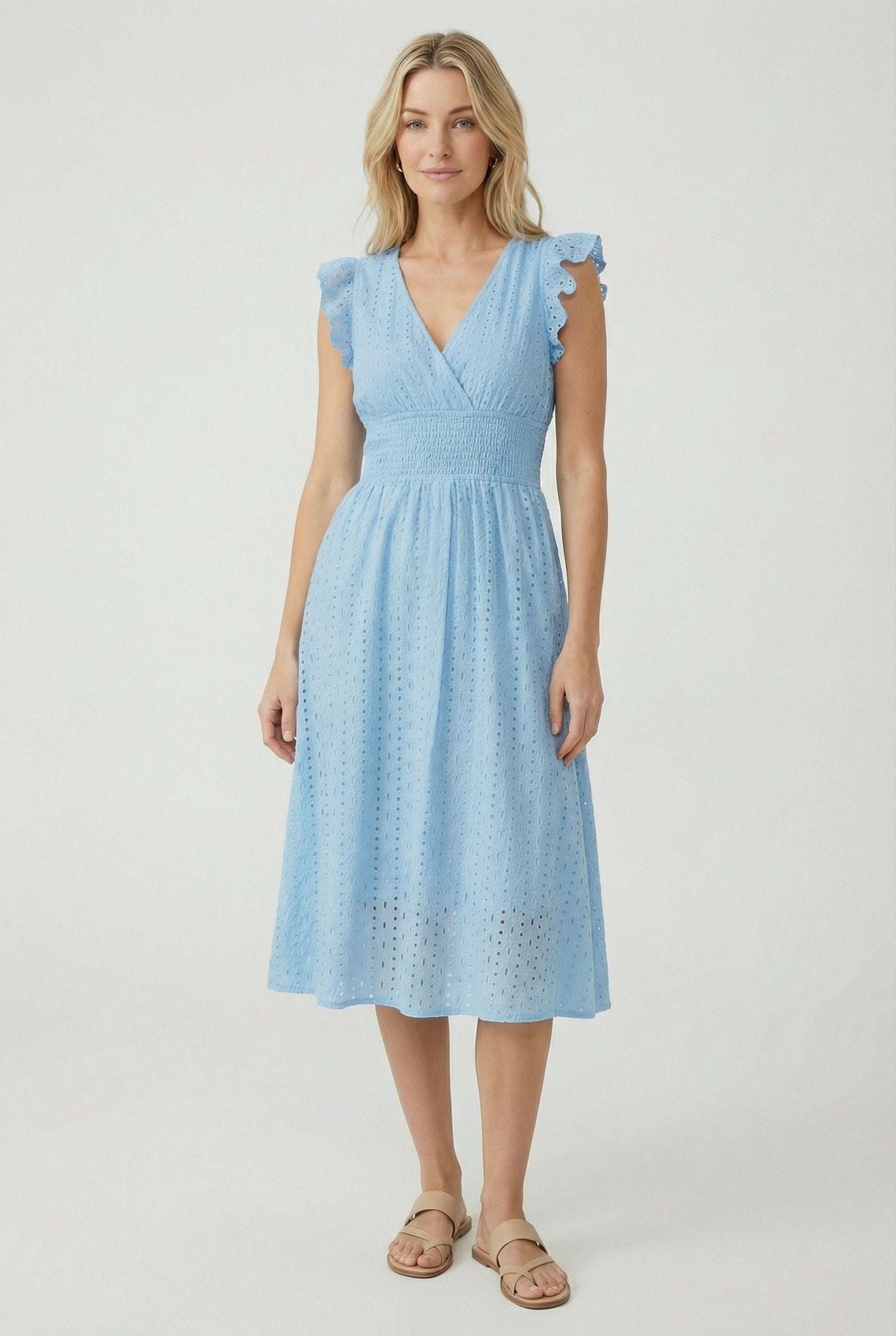 White A-Line Eyelet Dress with Smocked Waist for Women
