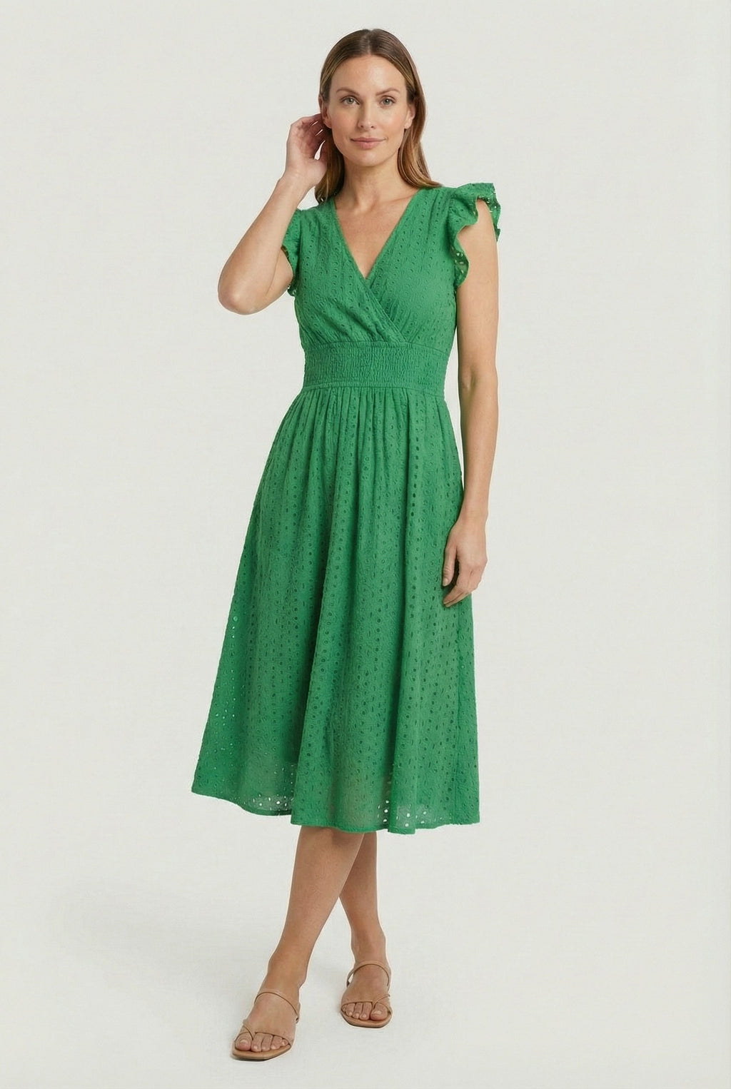 White A-Line Eyelet Dress with Smocked Waist for Women
