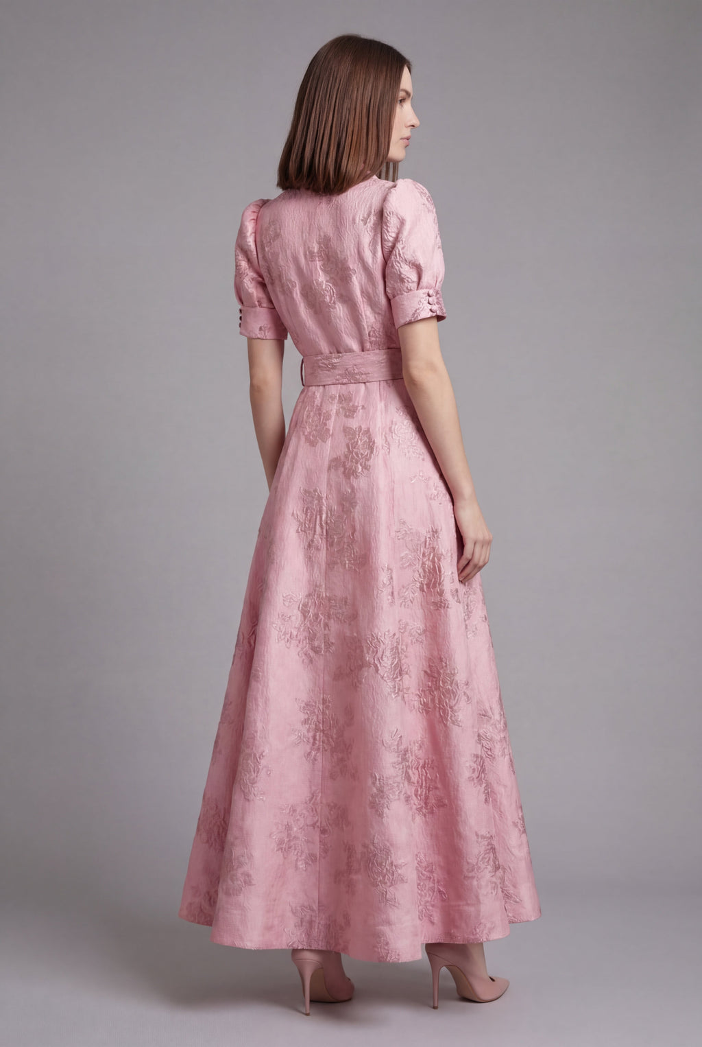 Pink Puff Sleeve Full Skirt Maxi Dress for Women | Wedding & Formal