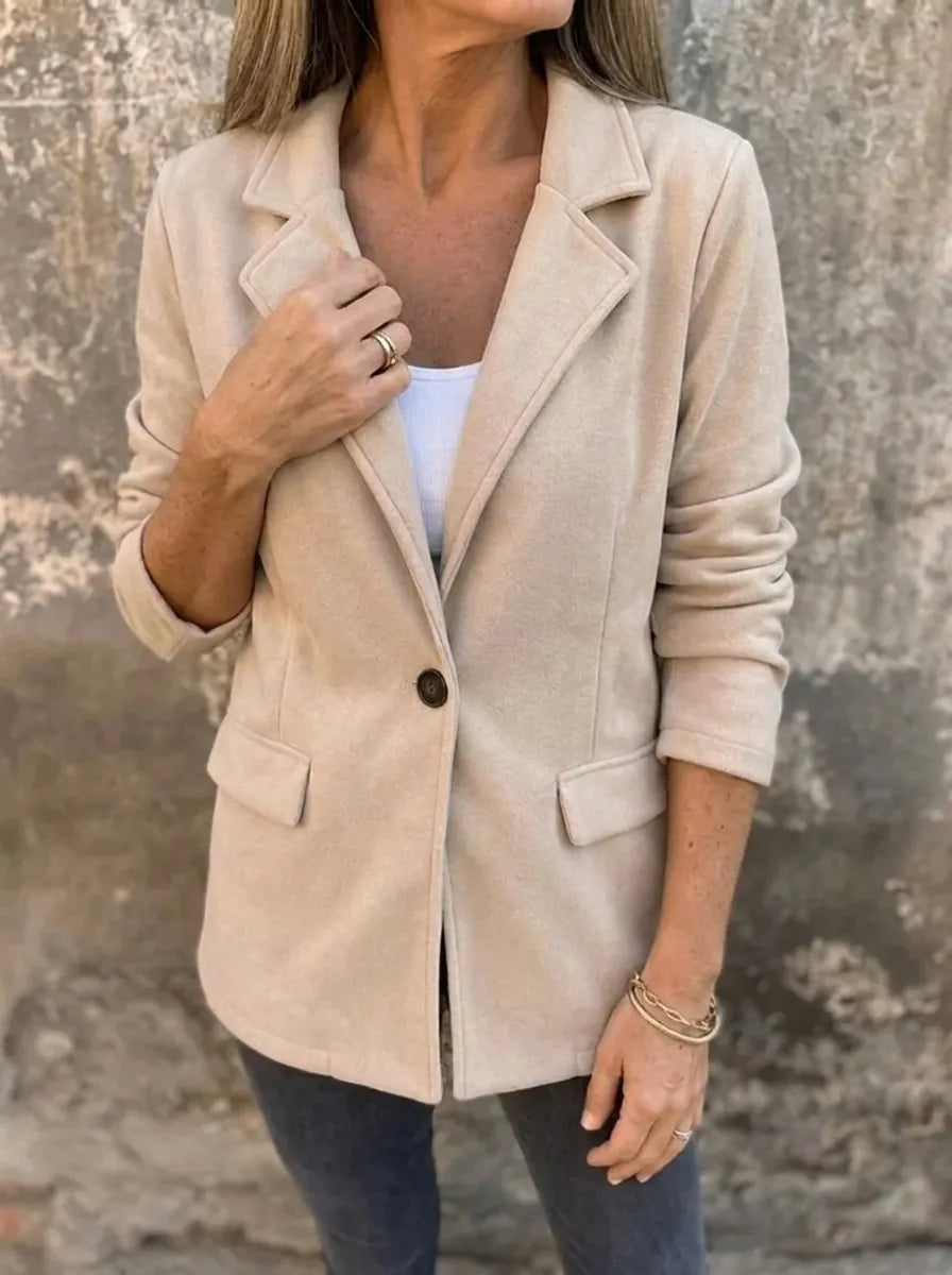 Polyester Blend Regular Fit Button Front Blazer with Lapel Collar for Women