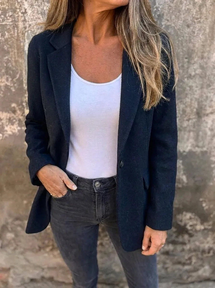Polyester Blend Regular Fit Button Front Blazer with Lapel Collar for Women