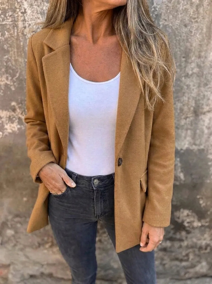Polyester Blend Regular Fit Button Front Blazer with Lapel Collar for Women