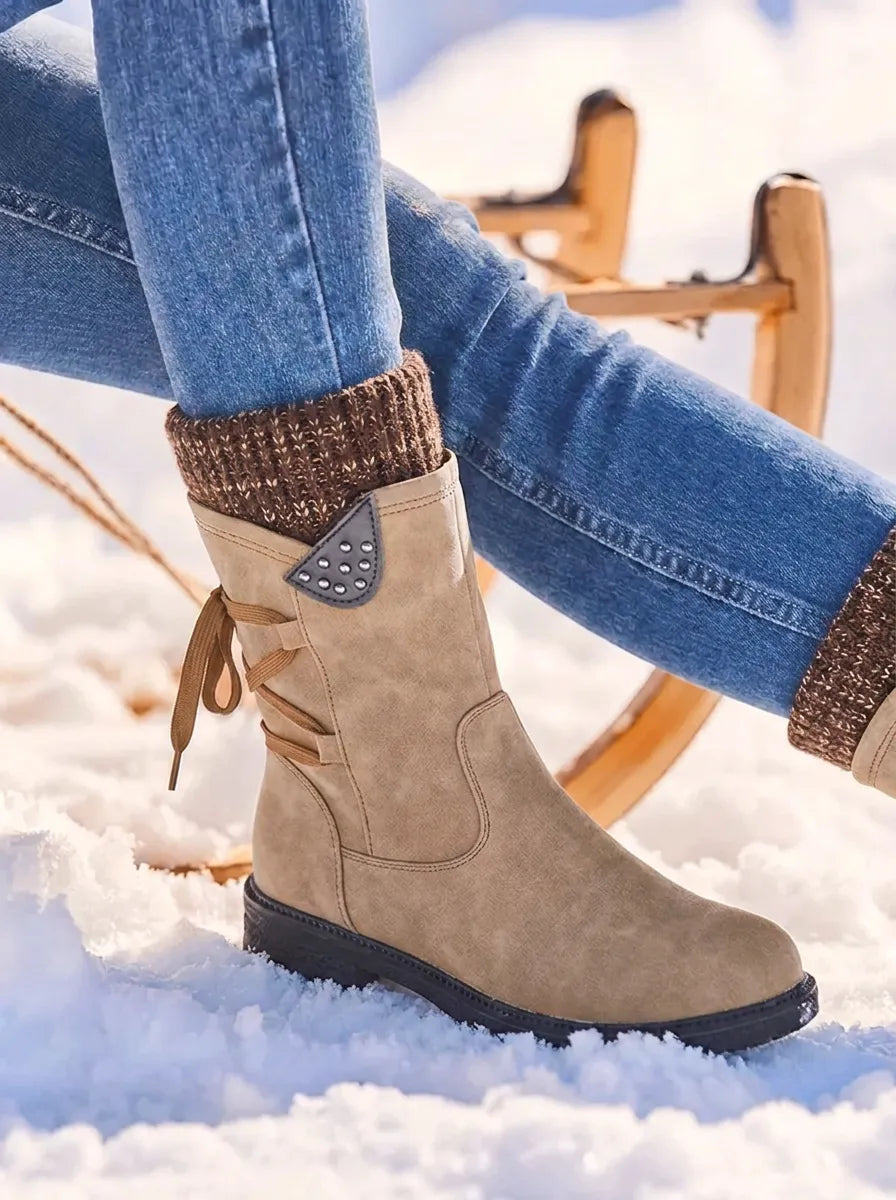 Waterproof Faux Leather Mid Calf Zipper Boots with Wool Lining for Women