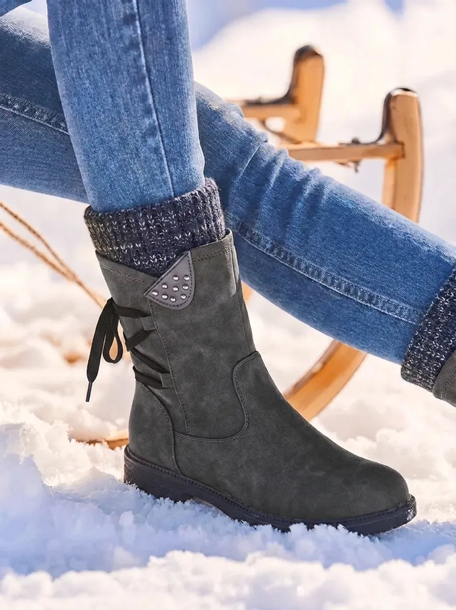 Waterproof Faux Leather Mid Calf Zipper Boots with Wool Lining for Women