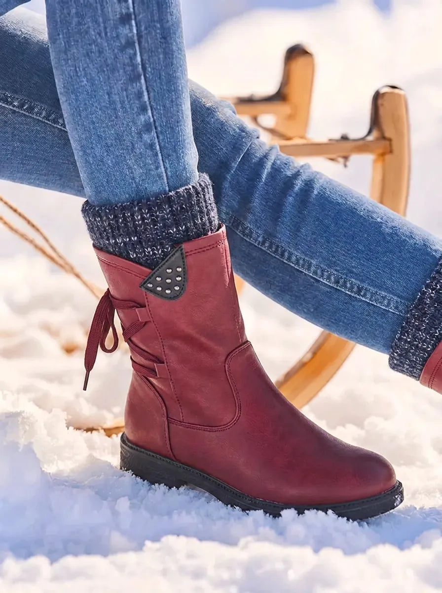 Waterproof Faux Leather Mid Calf Zipper Boots with Wool Lining for Women