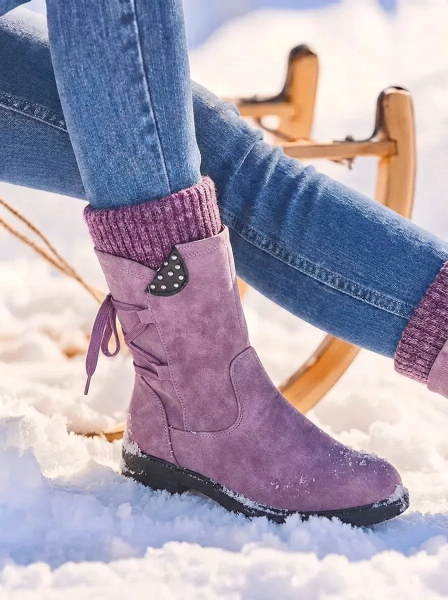 Waterproof Faux Leather Mid Calf Zipper Boots with Wool Lining for Women