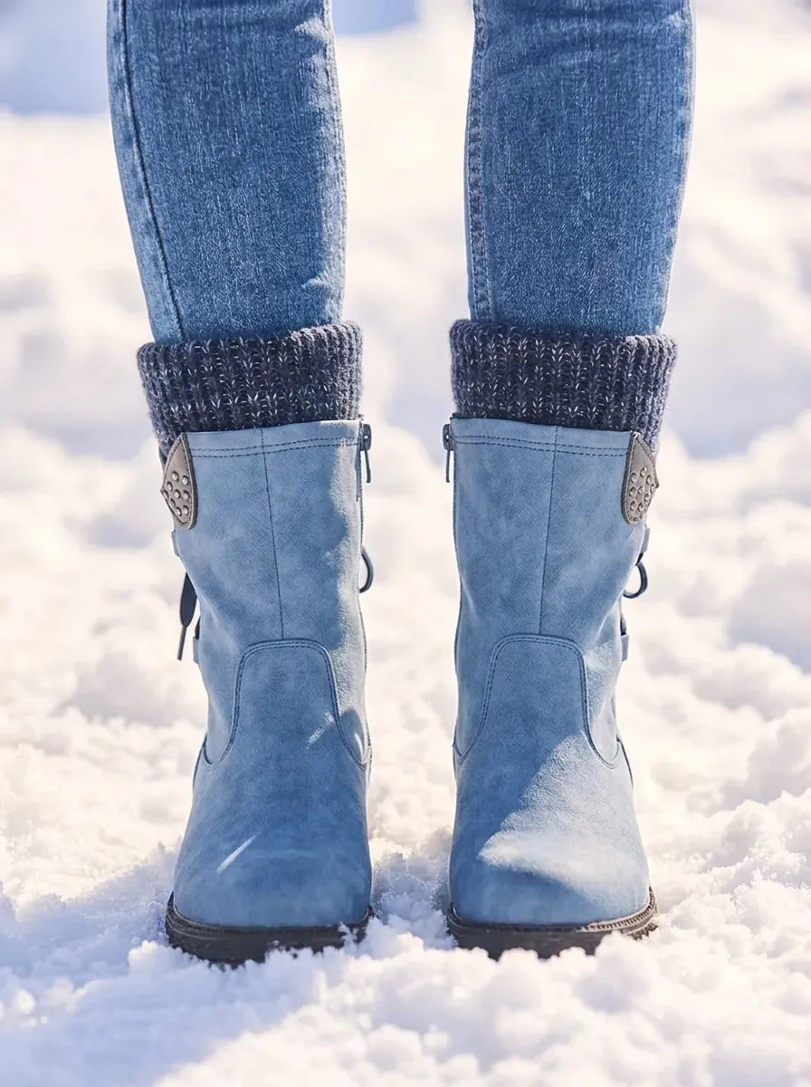 Waterproof Faux Leather Mid Calf Zipper Boots with Wool Lining for Women