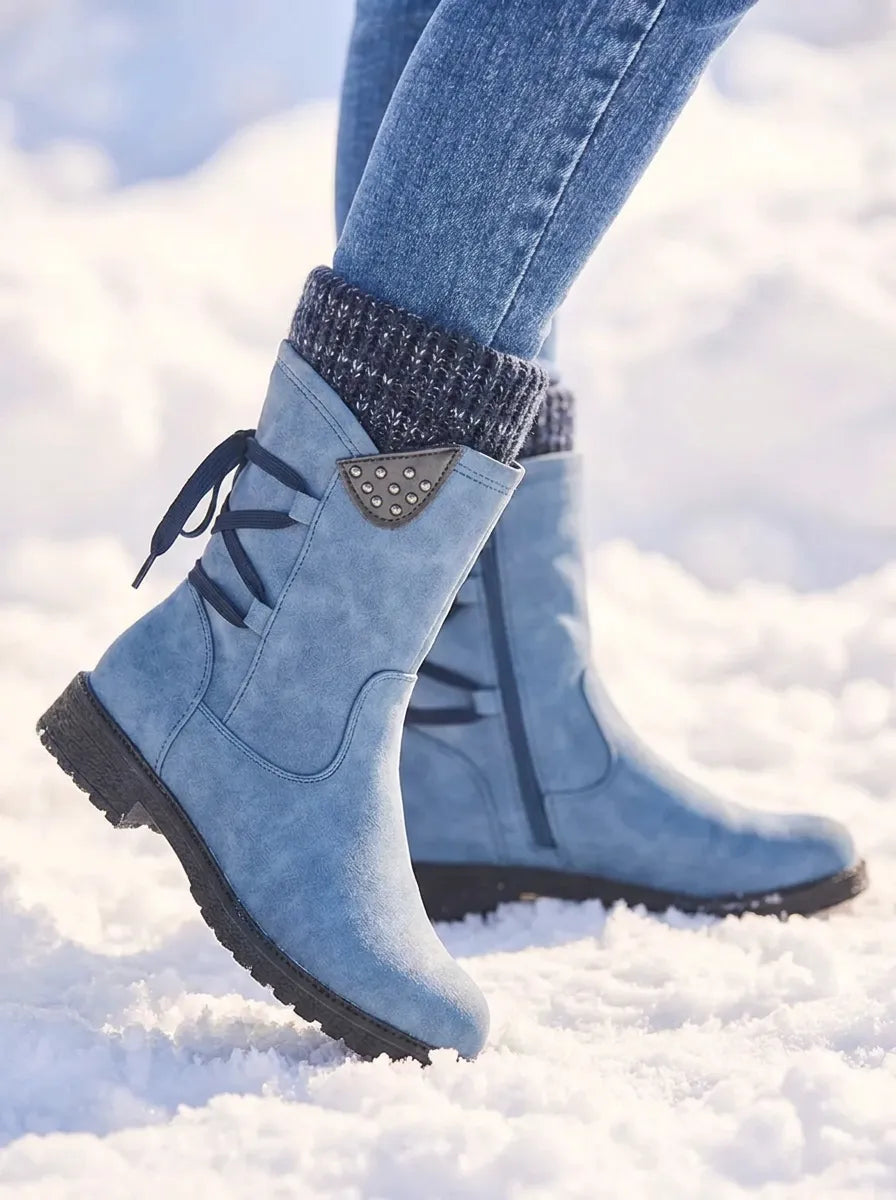 Waterproof Faux Leather Mid Calf Zipper Boots with Wool Lining for Women