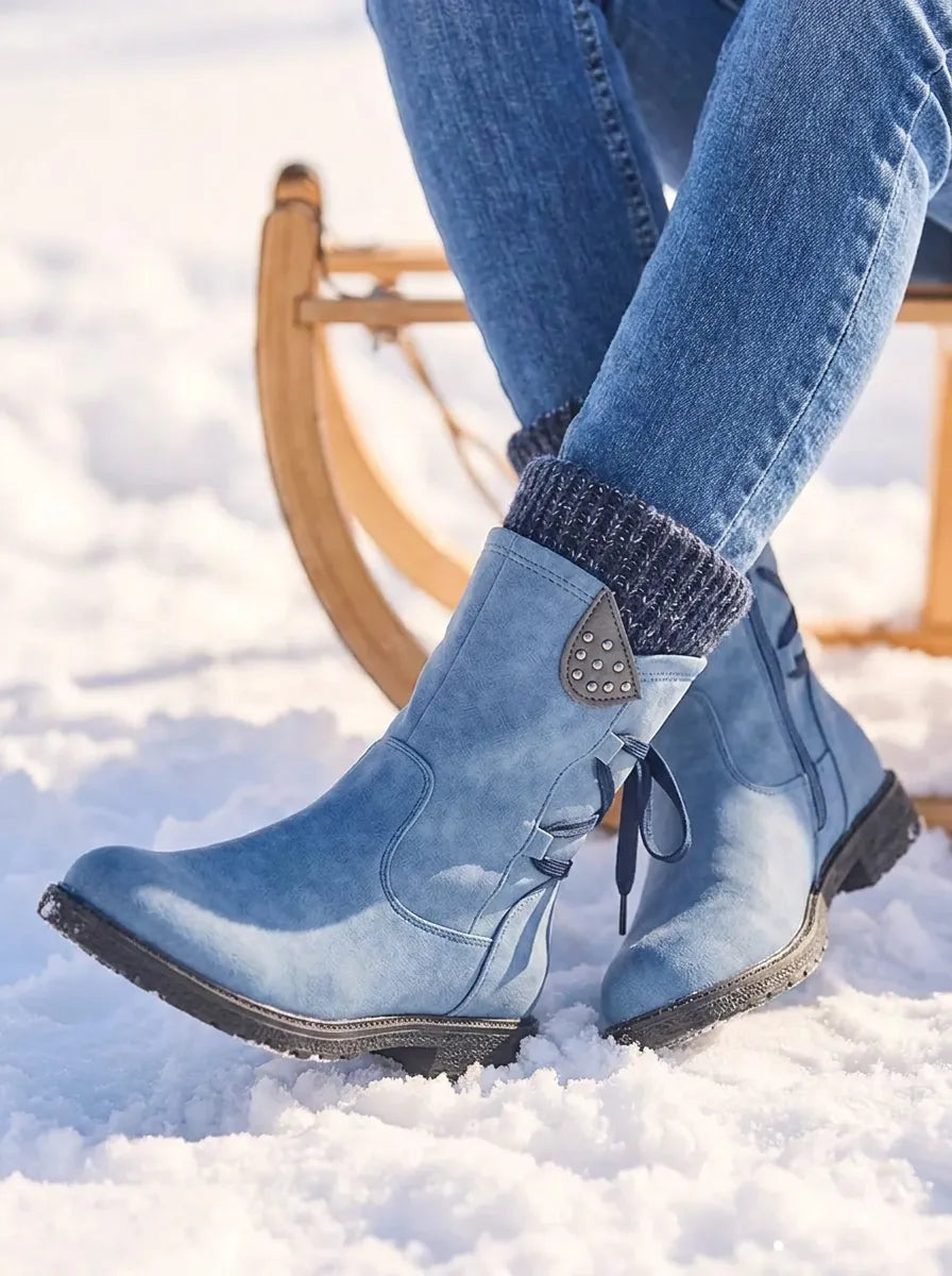 Waterproof Faux Leather Mid Calf Zipper Boots with Wool Lining for Women