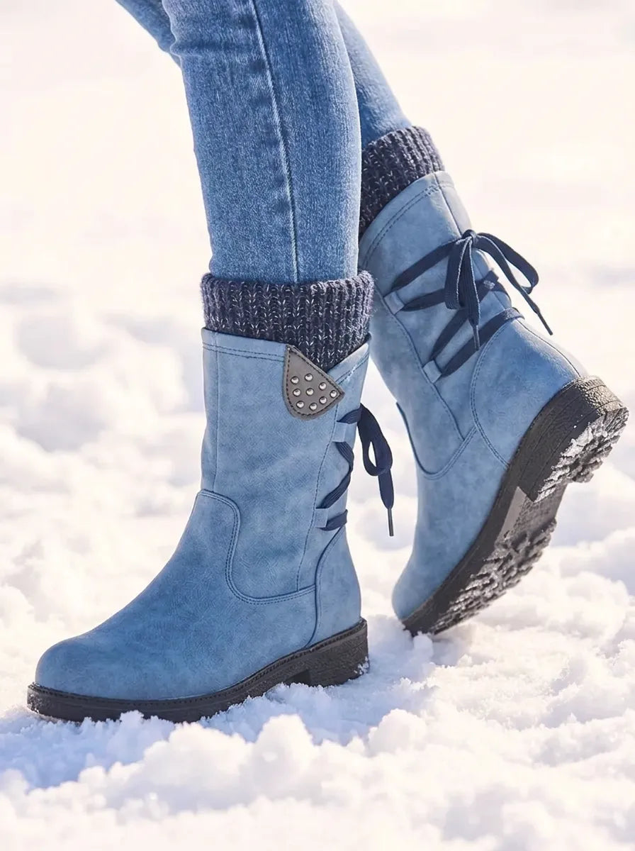 Waterproof Faux Leather Mid Calf Zipper Boots with Wool Lining for Women