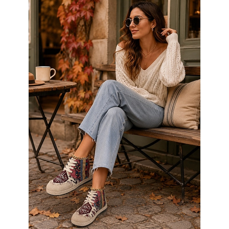 Bohemian Patterned Platform High Top Sneakers for Women | Lace Up Casual Wear