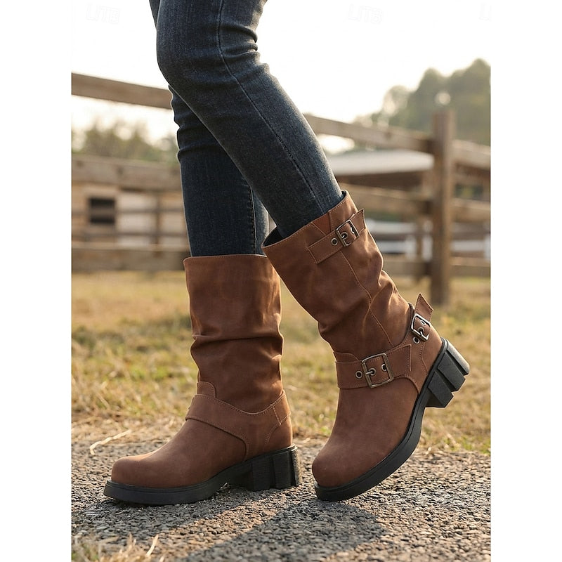 Mid Calf Vintage Buckle Biker Boots with Block Heel and Lug Sole for Women