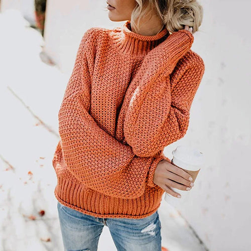 Acrylic Blend Ribbed Knit Casual Turtleneck Long Sleeve Sweater for Women