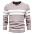 Cream Wool Striped Crew Neck Long Sleeve Regular Fit Ribbed Cuff Sweater for Men