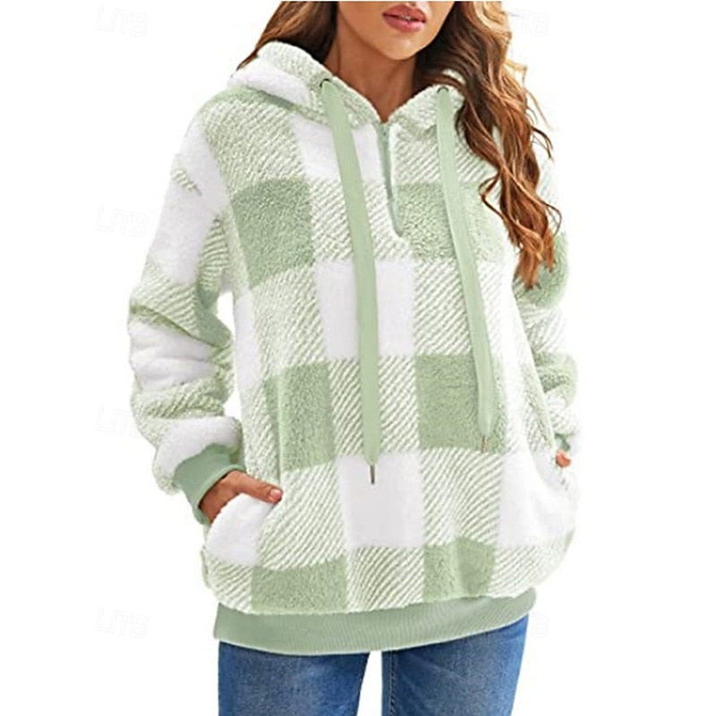 Checkered Quarter Zip Pullover Hoodie with Front Pocket for Women | Relaxed Fit